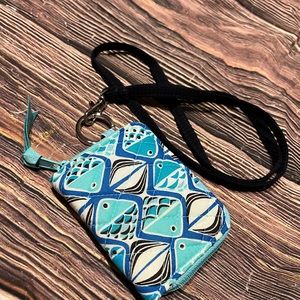 Vera Bradley RFID Petite Zip Around Wallet Go Fish Blue with navy blue lanyard
